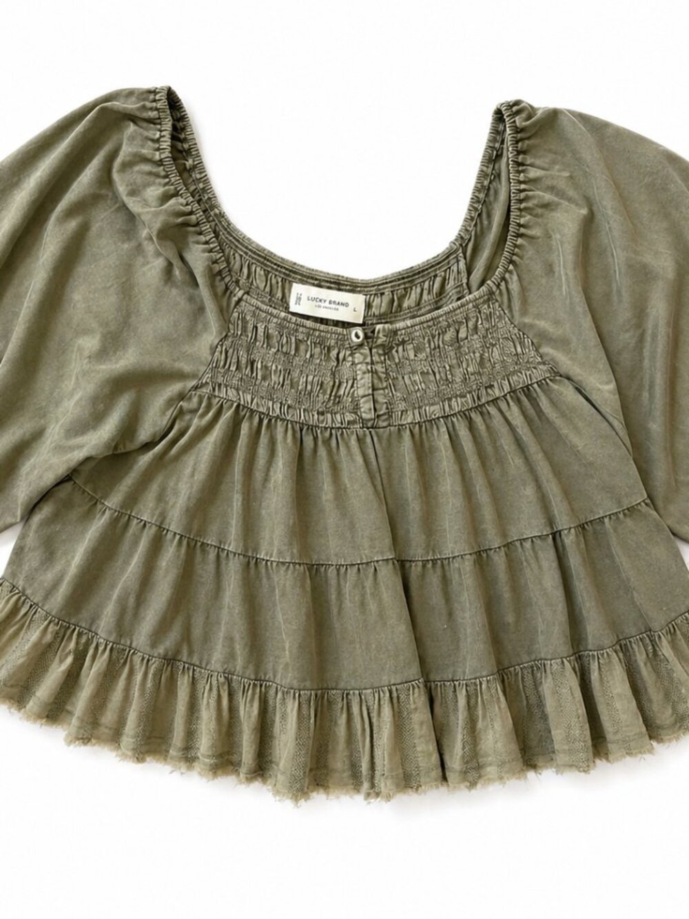 Lucky Brand Olive Boho Peasant Top L Smocked Tiered Ruffle Cottagecore